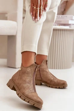 Boto Botki Ocieplane|Botki Płaskie*Ocieplane Botki Damskie Z Przetarciami Eko Skórzane Brązowo-Złote Verietta