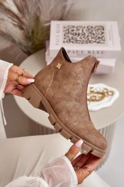 Boto Botki Ocieplane|Botki Płaskie*Ocieplane Botki Damskie Z Przetarciami Eko Skórzane Brązowo-Złote Verietta