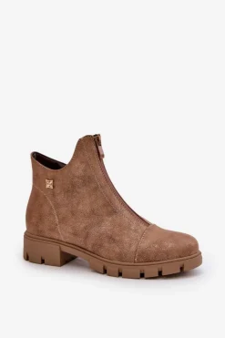 Boto Botki Ocieplane|Botki Płaskie*Ocieplane Botki Damskie Z Przetarciami Eko Skórzane Brązowo-Złote Verietta