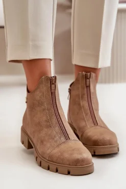 Boto Botki Ocieplane|Botki Płaskie*Ocieplane Botki Damskie Z Przetarciami Eko Skórzane Brązowo-Złote Verietta