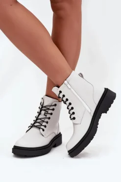 Buty Sergio Leone Botki Ocieplane|Botki Skórzane*Ocieplane Botki Damskie Z Naturalnej Skóry Sergio Leone BT25248-S Białe Biały