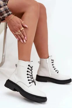 Buty Sergio Leone Botki Ocieplane|Botki Skórzane*Ocieplane Botki Damskie Z Naturalnej Skóry Sergio Leone BT25248-S Białe Biały