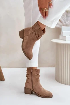 Damskie Boto Ocieplane Botki Damskie Z Marszczoną Cholewką Na Niskim Obcasie Beżowe Zinanya