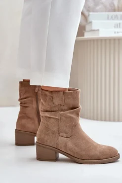 Damskie Boto Ocieplane Botki Damskie Z Marszczoną Cholewką Na Niskim Obcasie Beżowe Zinanya