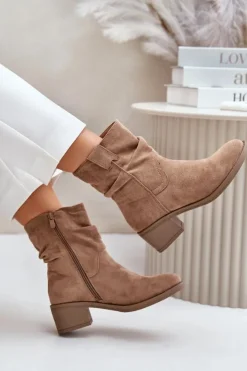 Damskie Boto Ocieplane Botki Damskie Z Marszczoną Cholewką Na Niskim Obcasie Beżowe Zinanya