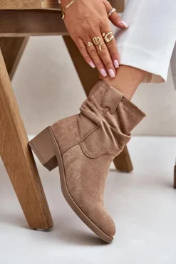 Damskie Boto Ocieplane Botki Damskie Z Marszczoną Cholewką Na Niskim Obcasie Beżowe Zinanya