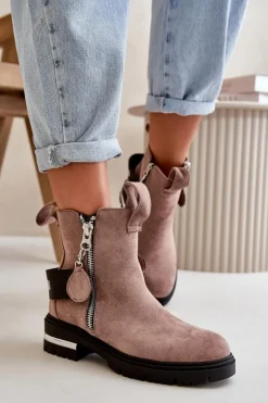 Best Boto Ocieplane Botki Damskie Z Suwakiem Ciemnobeżowe Calvaro