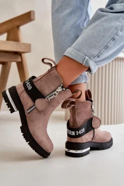 Best Boto Ocieplane Botki Damskie Z Suwakiem Ciemnobeżowe Calvaro