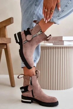 Best Boto Ocieplane Botki Damskie Z Suwakiem Ciemnobeżowe Calvaro