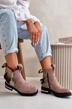 Best Boto Ocieplane Botki Damskie Z Suwakiem Ciemnobeżowe Calvaro