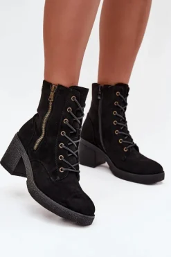 Clearance Boto Ocieplane Botki Damskie Ze Sznurowaniem I Suwakami Czarne Paressa