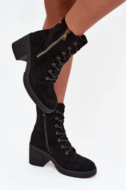 Clearance Boto Ocieplane Botki Damskie Ze Sznurowaniem I Suwakami Czarne Paressa
