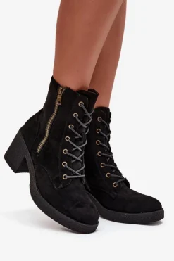 Clearance Boto Ocieplane Botki Damskie Ze Sznurowaniem I Suwakami Czarne Paressa