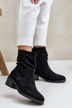Outlet Boto Ocieplane Botki Damskie Z Marszczoną Cholewką Na Niskim Obcasie Czarne Zinanya