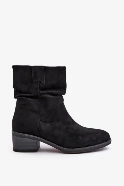 Outlet Boto Ocieplane Botki Damskie Z Marszczoną Cholewką Na Niskim Obcasie Czarne Zinanya
