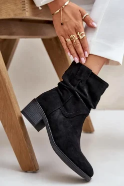 Outlet Boto Ocieplane Botki Damskie Z Marszczoną Cholewką Na Niskim Obcasie Czarne Zinanya