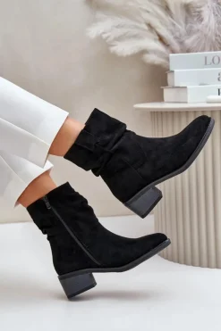 Outlet Boto Ocieplane Botki Damskie Z Marszczoną Cholewką Na Niskim Obcasie Czarne Zinanya