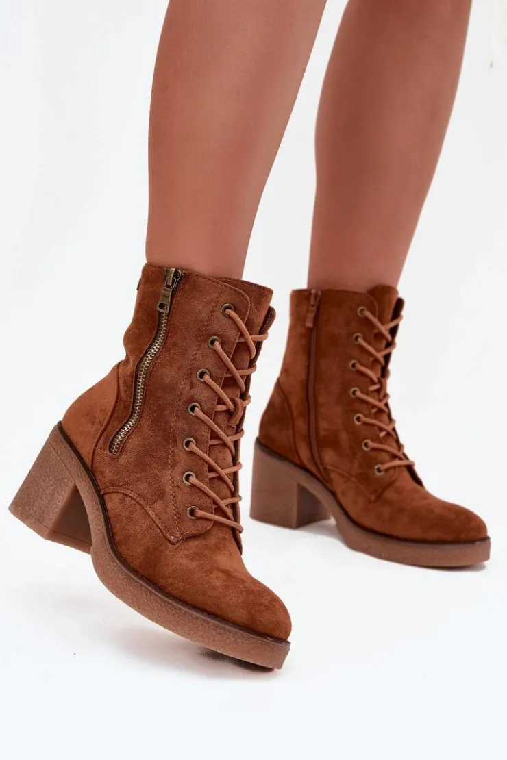 Hot Boto Ocieplane Botki Damskie Ze Sznurowaniem I Suwakami Camel Paressa