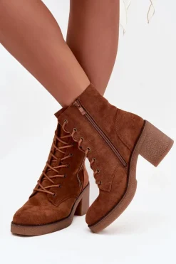 Hot Boto Ocieplane Botki Damskie Ze Sznurowaniem I Suwakami Camel Paressa