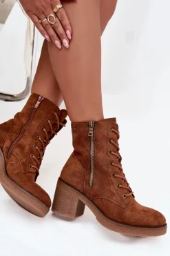 Hot Boto Ocieplane Botki Damskie Ze Sznurowaniem I Suwakami Camel Paressa