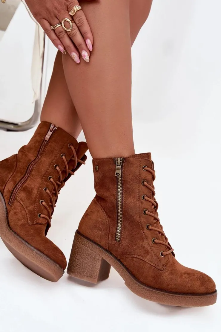 Hot Boto Ocieplane Botki Damskie Ze Sznurowaniem I Suwakami Camel Paressa