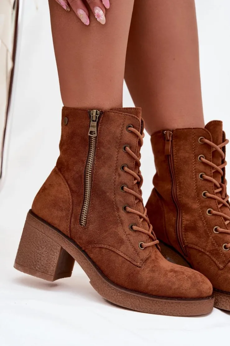 Hot Boto Ocieplane Botki Damskie Ze Sznurowaniem I Suwakami Camel Paressa