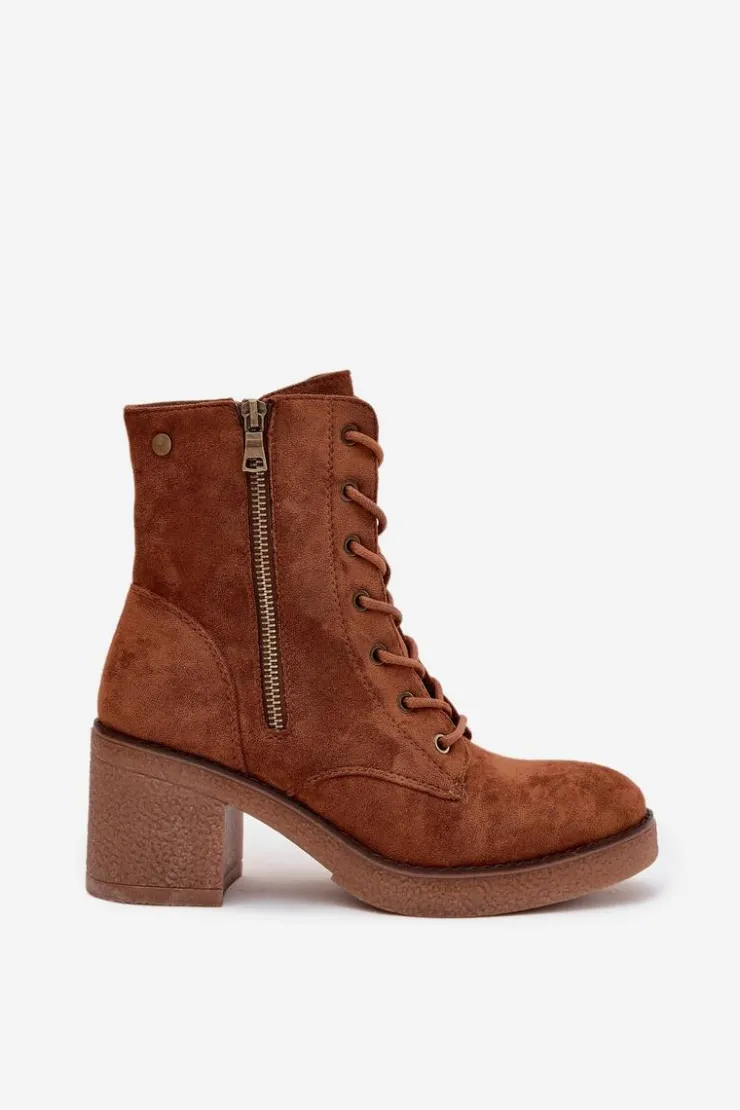 Hot Boto Ocieplane Botki Damskie Ze Sznurowaniem I Suwakami Camel Paressa