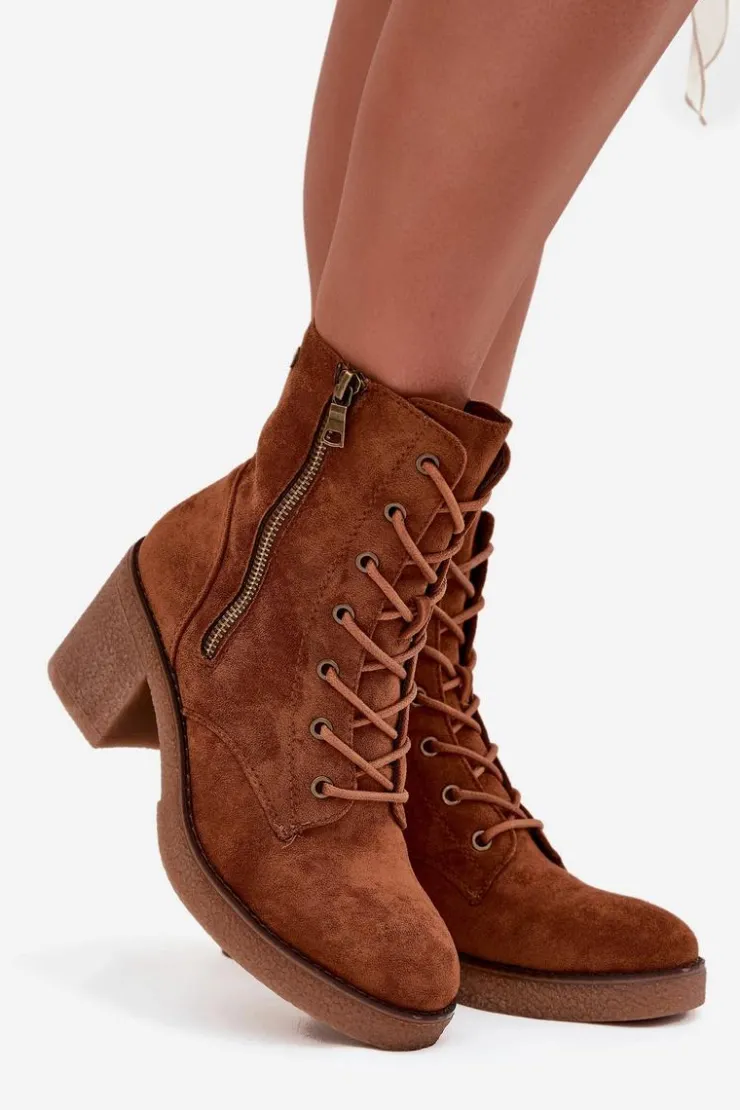 Hot Boto Ocieplane Botki Damskie Ze Sznurowaniem I Suwakami Camel Paressa
