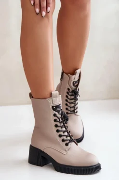 Buty damskie Vinceza Botki Ocieplane|Botki Sznurowane*Ocieplane Botki Damskie Ze Skóry Naturalnej Vinceza 66671 Beżowe Beżowy