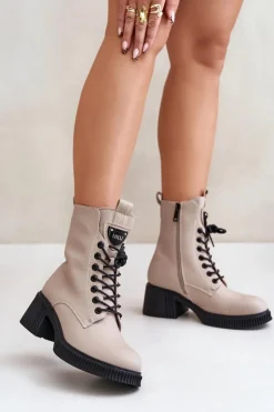 Buty damskie Vinceza Botki Ocieplane|Botki Sznurowane*Ocieplane Botki Damskie Ze Skóry Naturalnej Vinceza 66671 Beżowe Beżowy