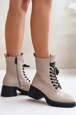 Buty damskie Vinceza Botki Ocieplane|Botki Sznurowane*Ocieplane Botki Damskie Ze Skóry Naturalnej Vinceza 66671 Beżowe Beżowy