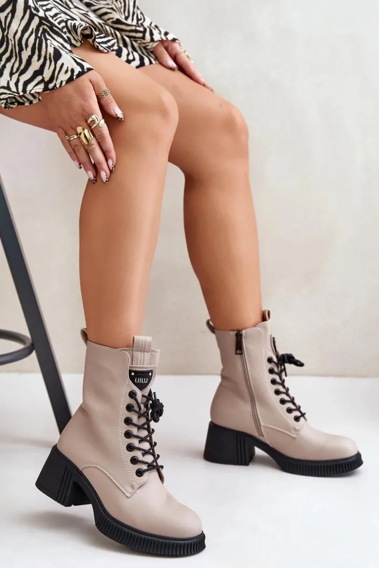 Buty damskie Vinceza Botki Ocieplane|Botki Sznurowane*Ocieplane Botki Damskie Ze Skóry Naturalnej Vinceza 66671 Beżowe Beżowy