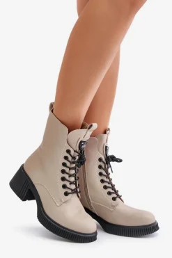 Buty damskie Vinceza Botki Ocieplane|Botki Sznurowane*Ocieplane Botki Damskie Ze Skóry Naturalnej Vinceza 66671 Beżowe Beżowy