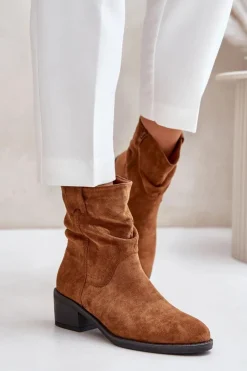 Damskie Boto Ocieplane Botki Damskie Z Marszczoną Cholewką Na Niskim Obcasie Camel Zinanya