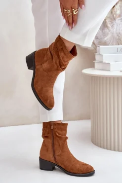 Damskie Boto Ocieplane Botki Damskie Z Marszczoną Cholewką Na Niskim Obcasie Camel Zinanya
