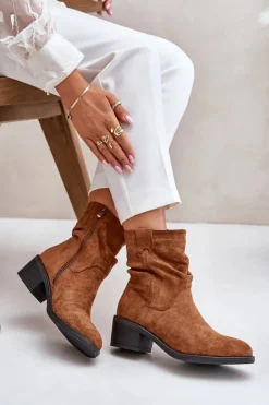 Damskie Boto Ocieplane Botki Damskie Z Marszczoną Cholewką Na Niskim Obcasie Camel Zinanya