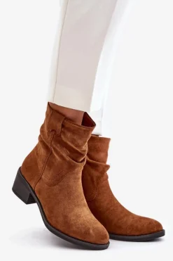 Damskie Boto Ocieplane Botki Damskie Z Marszczoną Cholewką Na Niskim Obcasie Camel Zinanya