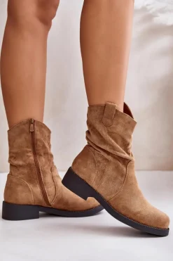 Clearance Boto Ocieplane Botki Damskie Z Marszczeniem I Zdobieniem Camel Etteara