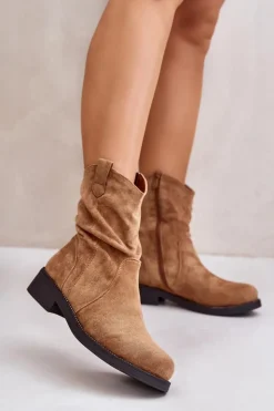 Clearance Boto Ocieplane Botki Damskie Z Marszczeniem I Zdobieniem Camel Etteara