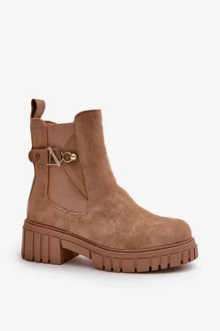 Boto Botki Zimowe Damskie|Botki Płaskie*Ocieplane Botki Damskie Ze Złotym Detalem Eko Zamszowe Beżowe Bervena