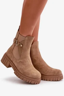 Boto Botki Zimowe Damskie|Botki Płaskie*Ocieplane Botki Damskie Ze Złotym Detalem Eko Zamszowe Beżowe Bervena