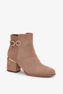 Damskie Boto Ocieplane Botki Damskie Ze Złotymi Detalami Na Słupku Beżowe Dorisse