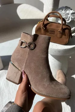 Damskie Boto Ocieplane Botki Damskie Ze Złotymi Detalami Na Słupku Beżowe Dorisse