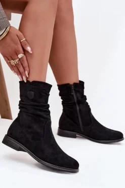 Damskie Boto Ocieplane Botki Damskie Z Marszczoną Cholewką Na Płaskim Obcasie Czarne Krisia