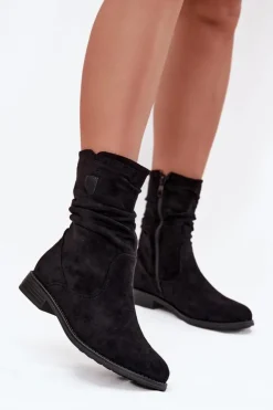 Damskie Boto Ocieplane Botki Damskie Z Marszczoną Cholewką Na Płaskim Obcasie Czarne Krisia