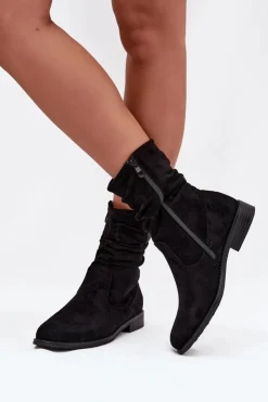 Damskie Boto Ocieplane Botki Damskie Z Marszczoną Cholewką Na Płaskim Obcasie Czarne Krisia