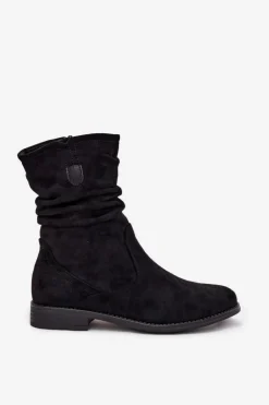 Damskie Boto Ocieplane Botki Damskie Z Marszczoną Cholewką Na Płaskim Obcasie Czarne Krisia