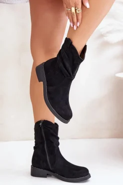 Damskie Boto Ocieplane Botki Damskie Z Marszczeniem I Zdobieniem Czarne Etteara