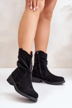 Damskie Boto Ocieplane Botki Damskie Z Marszczeniem I Zdobieniem Czarne Etteara