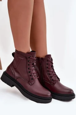 Best Buty Sergio Leone Ocieplane Botki Damskie Z Naturalnej Skóry Sergio Leone BT25248-S Bordowe Czerwony